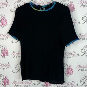 Orchid top tshirt floral trim details blue green Black Top with Blue Trim